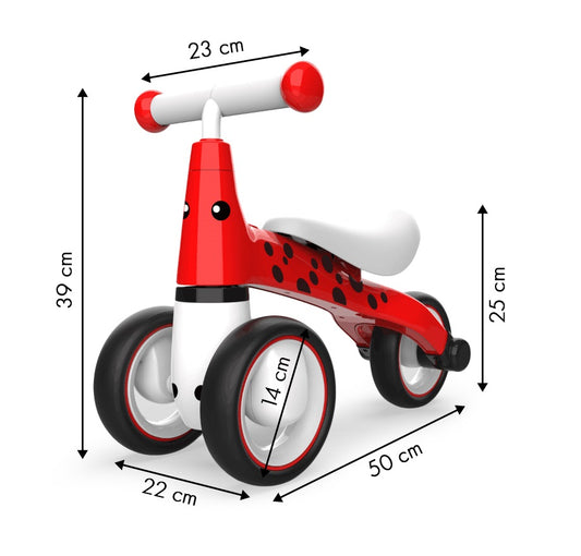 Tricicleta pentru copii idealSTORE Red Dots Rider, Ideala pentru cei mici intre 12-36 luni, Dimensiune 50 x 22 x 39 cm, Sarcina maxima admisa 20kg, Culoare Rosu-Negru