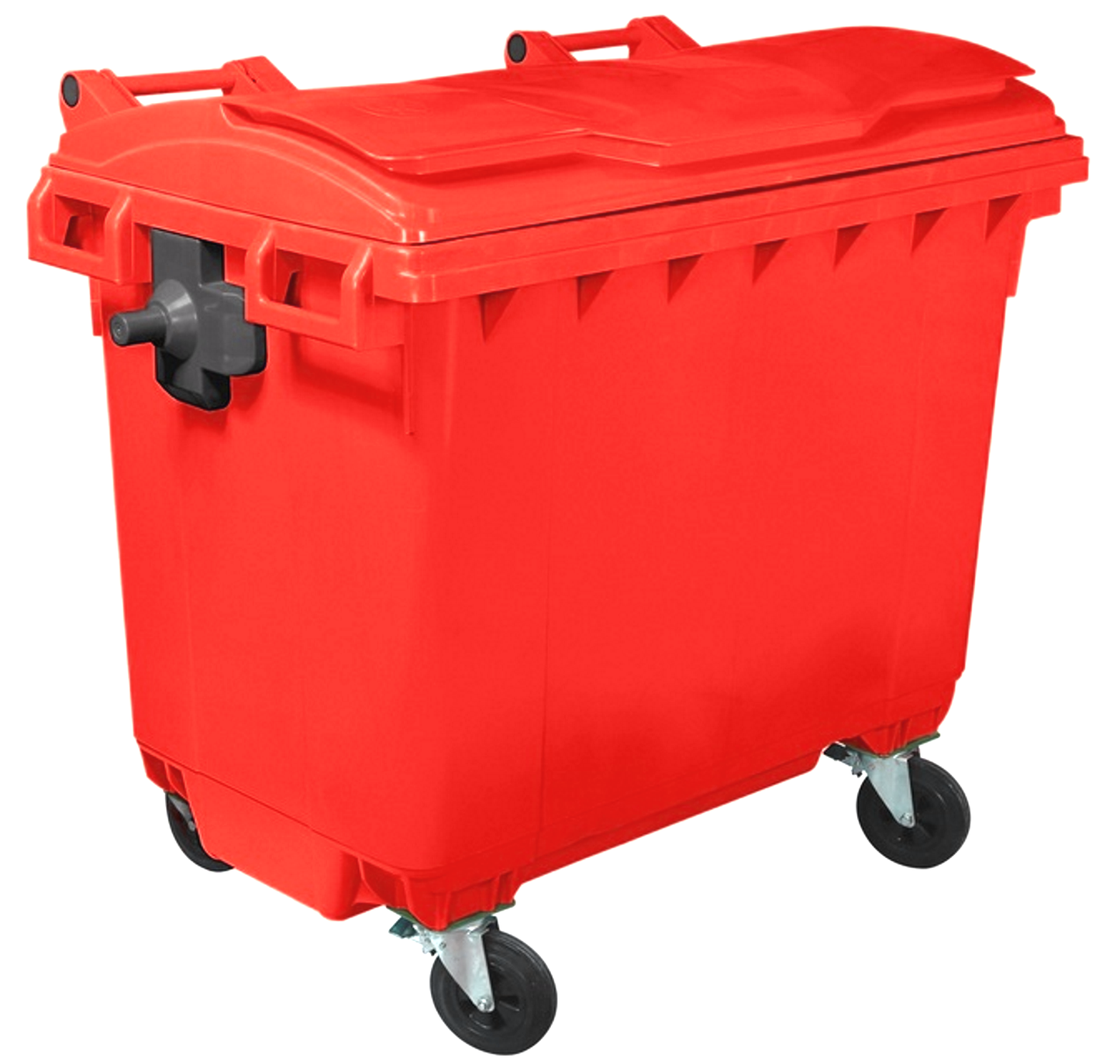 Container Profesional idealStore EcoPub, capac Plat, Roti cu rotire 360, Plastic Virgin, Metal Zincat, Rezistent la caldura-inghet si substante chimice, 660 L, Rosu