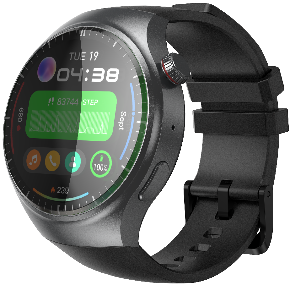 Smartwatch idealSTORE RoundSIMS3, Ecran AMOLED 1.43 inch, Android 8.1, GPS, GLONASS, Busola, Apel 4G, Difuzor si Microfon HD, Acumulator 1000 mAh, Nano SIM, Ritm Cardiac, SpO2, Incarcare Magnetica, Procesor quad-core Cortex, Bratara Neagra din Silicon