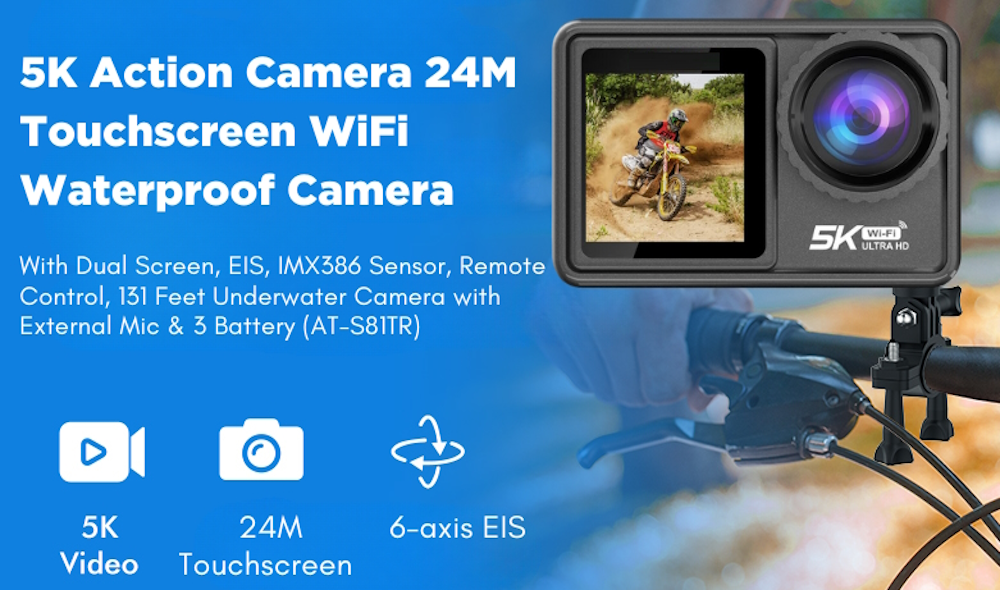 Camera de Actiune idealSTORE SmartGO-Cam 5K Ultra HD, 24 MP, Anti-Shake, Waterproof, Control Vocal, Unghi Larg 170, WiFi incorporat, HDMI, Ecran Tactil