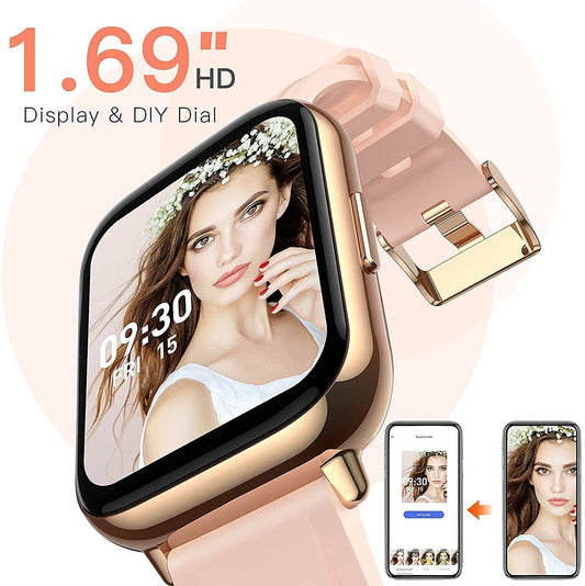 Ceas SmartWatch Saphir idealStore, Ecran HD 1.69 inch, Notificari Apeluri/Mesaje, Monitorizare Fitness, Ritm Cardiac si Tensiune Arteriala, Compatibil iOS/Android, Auriu