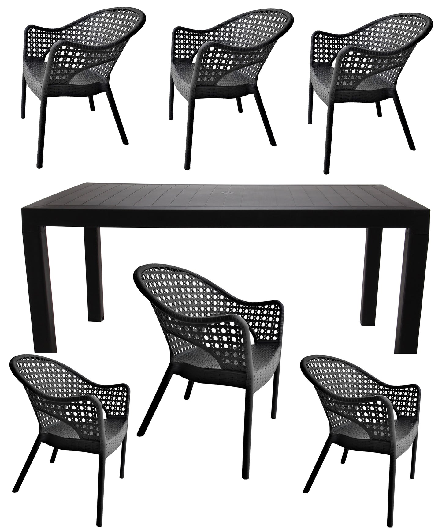 Set Masa cu 6 Scaune idealStore Ratan LUX, pentru Restaurant, Pub, Terasa, Calitate Premium, Masa din Polietilena L 140x l 80x h 75 cm, Scaun din Polietilena L 47 x l 69 x h 85 cm, Model Ratan, Rezistent la Apa, Soare, Inghet, Umezeala, Utilizare Multipla