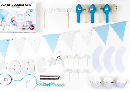 Set Decoratiuni pentru Petrecere Baby Party Boy idealSTORE, Include Banner ONE, Ghirlanda de Hartie, Topper pentru Tort, Briose, Baloane Latex, Panglica din Satin Albastru Deschis, Perfect pentru prima zi de Nastere