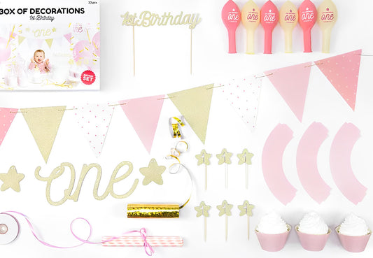 Set Decoratiuni pentru Petrecere Baby Party GIRL idealSTORE, Include Banner ONE, Ghirlanda de Hartie, Topper pentru Tort, Briose, Baloane Latex, Panglica din Satin Albastru Deschis, Perfect pentru prima zi de Nastere