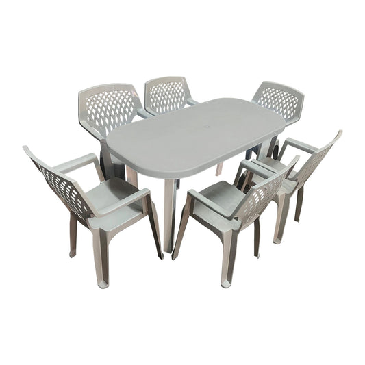 Set Masa cu 6 Scaune de Gradina, Terasa idealSTORE, Polipropilena, Dimensiuni Masa 140 x 70 x 70cm, Plastic de Inalta Calitate, Rezistent la Actiunea Factorilor Atmosferici Nocivi si a Razelor UV, Sarcina 120 Kg, Culoare Nisipiu