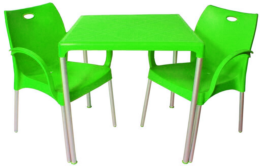 Set Masa Patrata cu 4 Scaune de Gradina, Terasa, idealSTORE, Plastic de Inalta Calitate, Picioare Metalice Detasabile, Dimensiuni 70 x 70 x 72 cm, Rezistent la Actiunea Factorilor Atmosferici Nocivi si a Razelor UV, Verde, Greutatea maxima 120 Kg