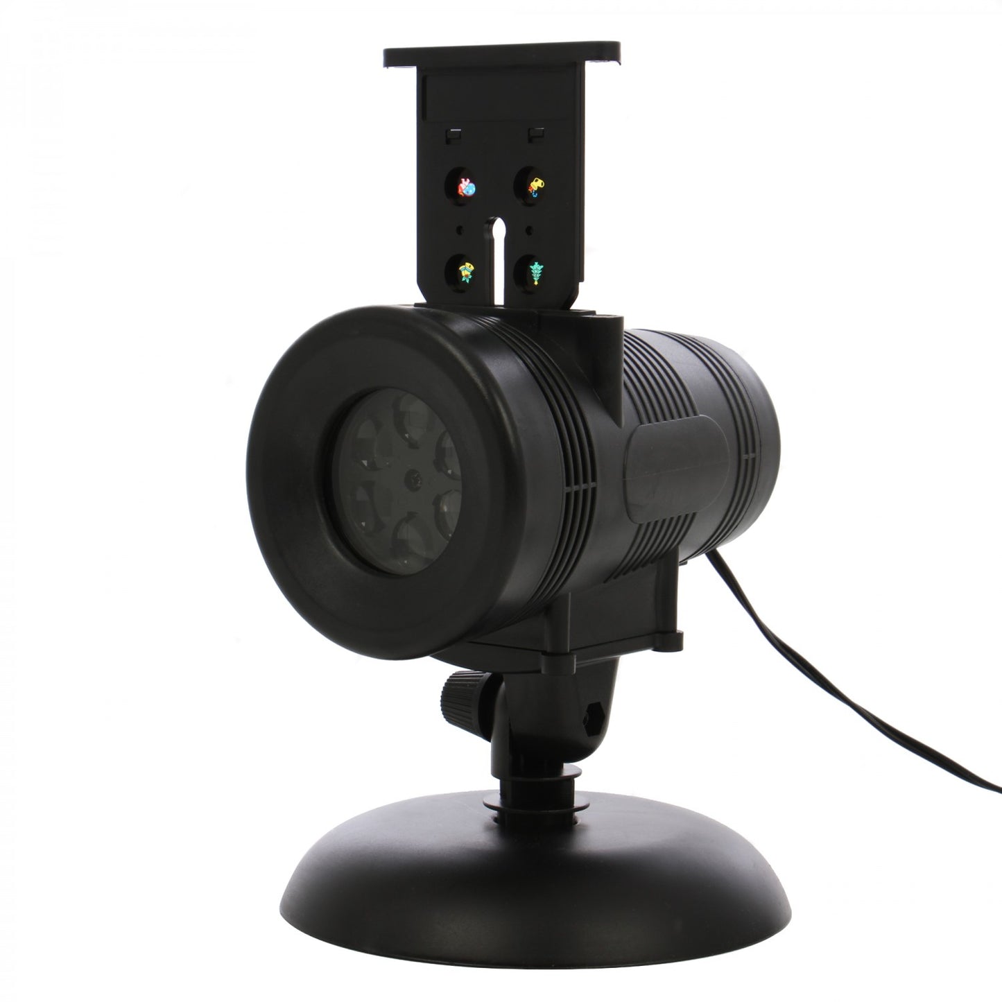 Instalatie Craciun IDL Laser Shower pentru iluminarea casei ce include 6 filme cu 4 modele diferite ce au proiectie multicolora, Model rotativ cu 4 surse de tip LED cu 8 ore de functionare