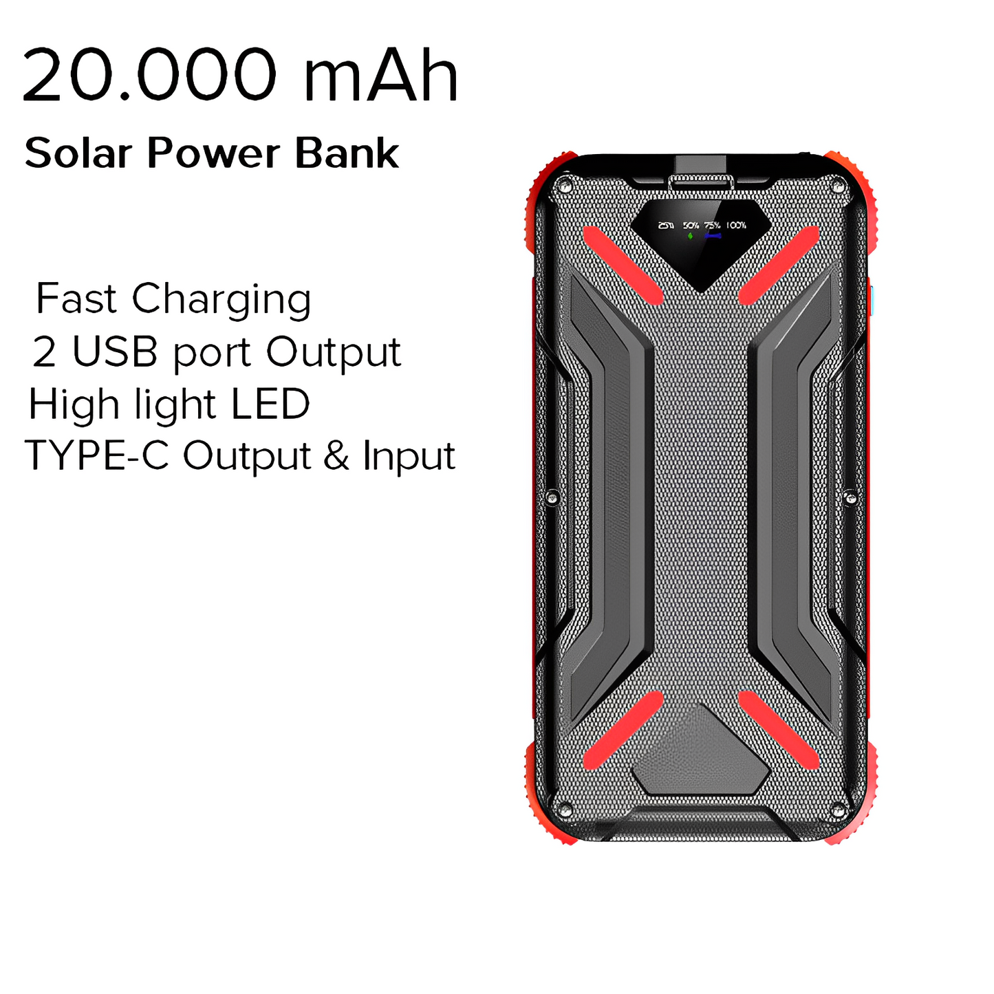 Baterie Externa SunnyCharge IdealStore, Incarcare Solara, Rapida, Capacitate 20.000 mAh, Display LED procentaj baterie, Detine 2 iesiri, Lanterna, Tensiune iesire 5V - 3A, Black-Red Edition