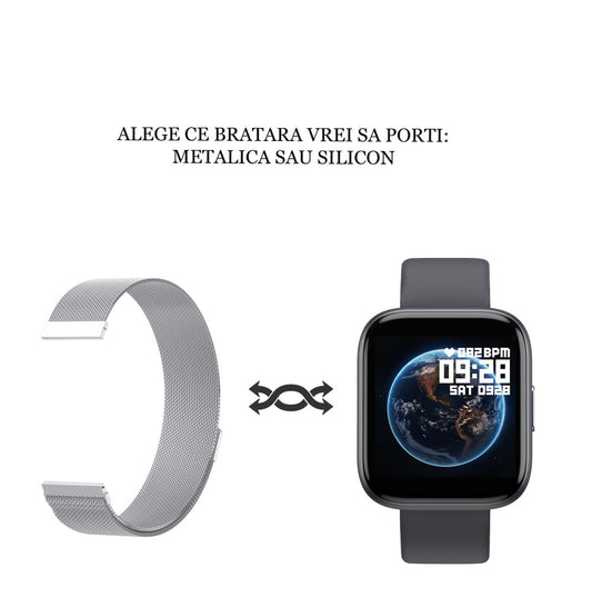 Ceas Smartwatch TimeS Collection IdealStore, Ecran Tactil 1.55 inch, Preluare Apeluri Bluetooth, Notificari Mesaje si Retele Sociale, Monitorizare Somn, Tensiune arteriala, Multi-Sport, Android-IOS, Silver Edition, Include 2 bratari