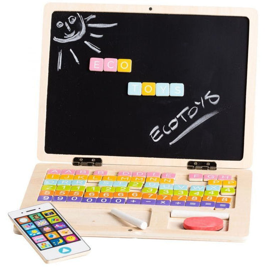 Laptop si Telefon Mobil din Lemn, Educational si Interactiv, cu 78 de Elemente Magnetice, Doua Moduri de Joaca, Tabla Magnetica, Burete, Creta, Numere, Litere si Simboluri Matematice