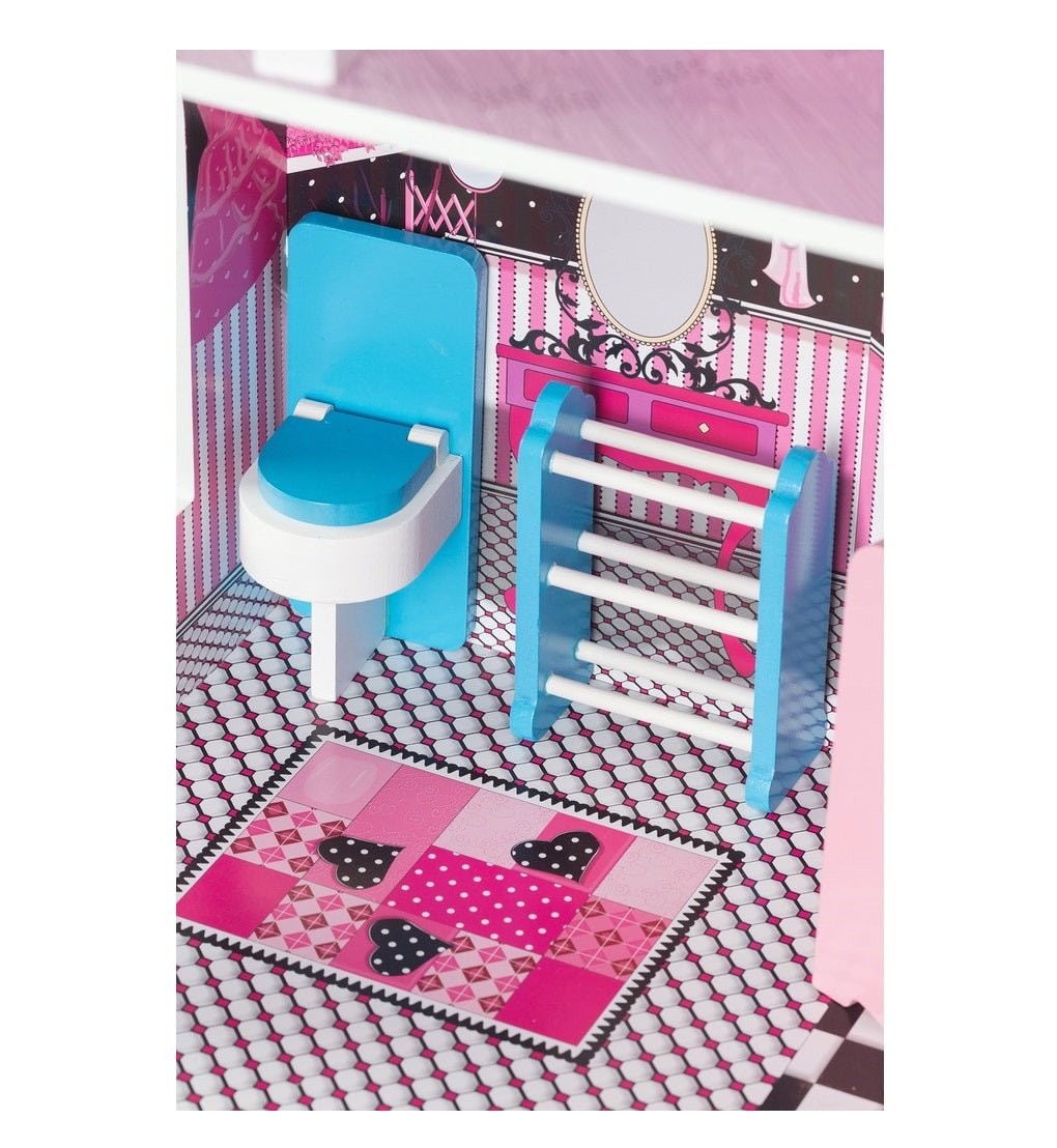 Casuta de papusi din lemn cu lift idealSTORE FLORIDA BEACH RESIDENCE, Dimensiuni 116 x 30 x 75 cm, Constructie cu 3 etaje, 4 camere si 10 piese de mobilier, O resedinta ce creeaza un basm unic