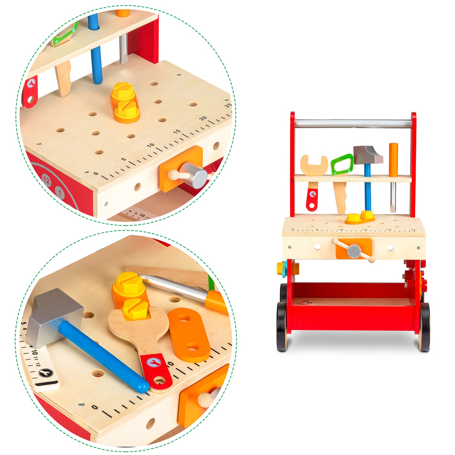 Impingator din Lemn tip Banc de lucru idealSTORE RED Residence WORK, Dimensiuni 48.5 x 32 x 28.5 cm, Accesorii specifice ciocan, cheie, surubelnita si ferastrau, Dezvolta abilitatile manuale