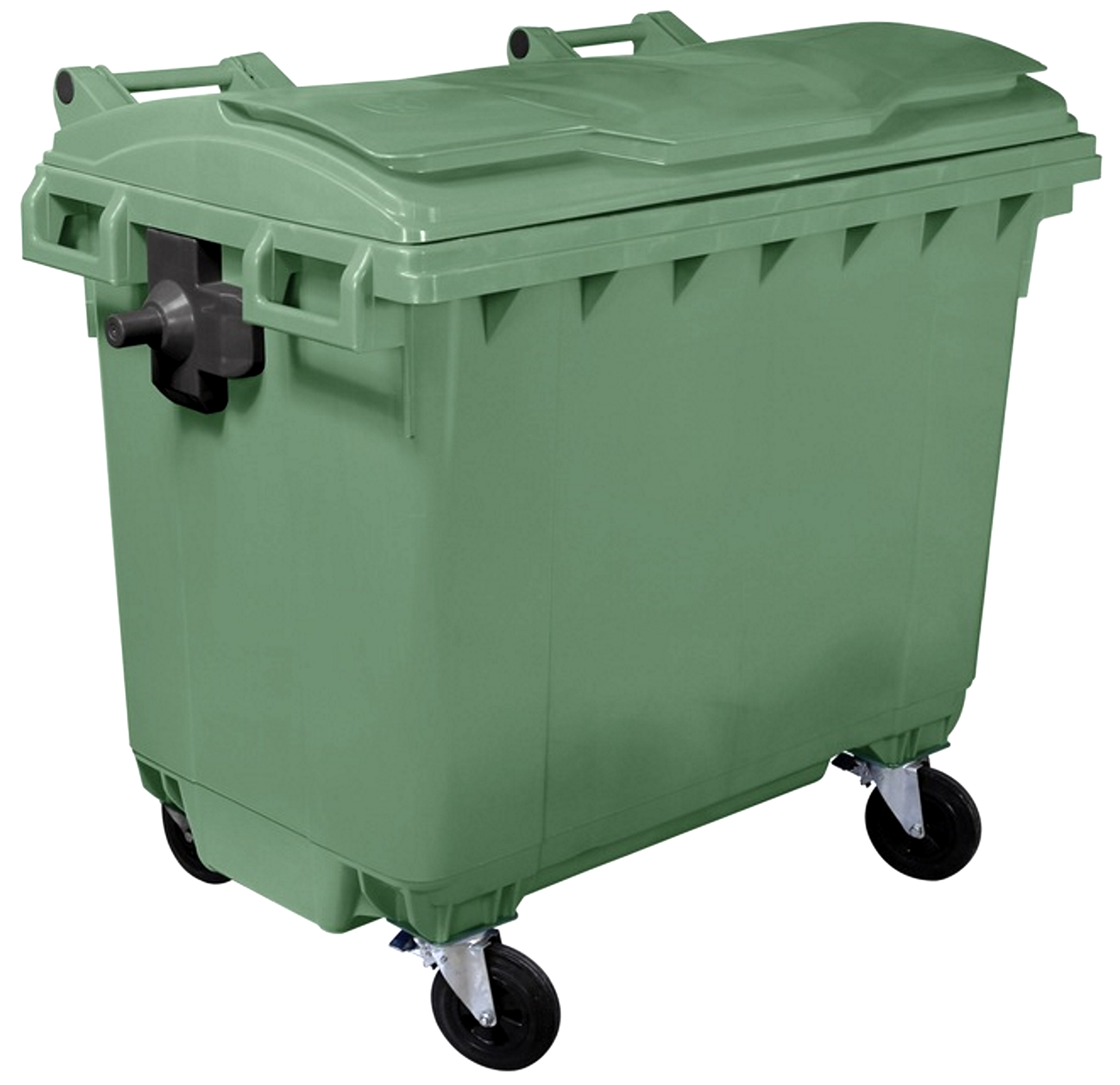 Container Profesional idealStore EcoPub, capac Plat, Roti cu rotire 360, Plastic Virgin, Metal Zincat, Rezistent la caldura-inghet si substante chimice, 660 L, Verde