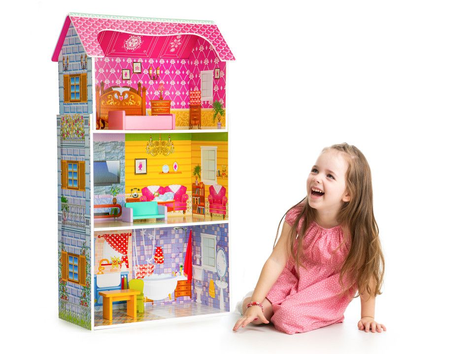 Casuta de papusi din lemn idealSTORE Sunny Residence, 3 nivele independente, 5 camere distincte, 5 piese mobile de mobilier, Fabricata din lemn de inalta calitate