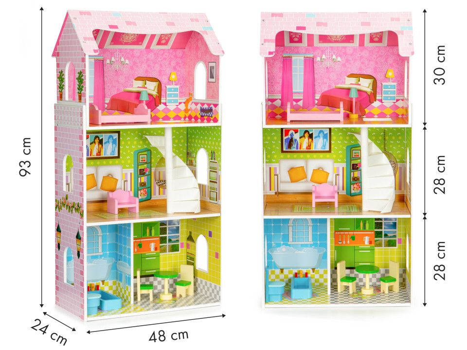 Casuta de papusi din lemn idealSTORE Mint Residence 93 cm, 3 nivele independente, 5 camere distincte, 8 piese mobile de mobilier, Fabricata din lemn de inalta calitate