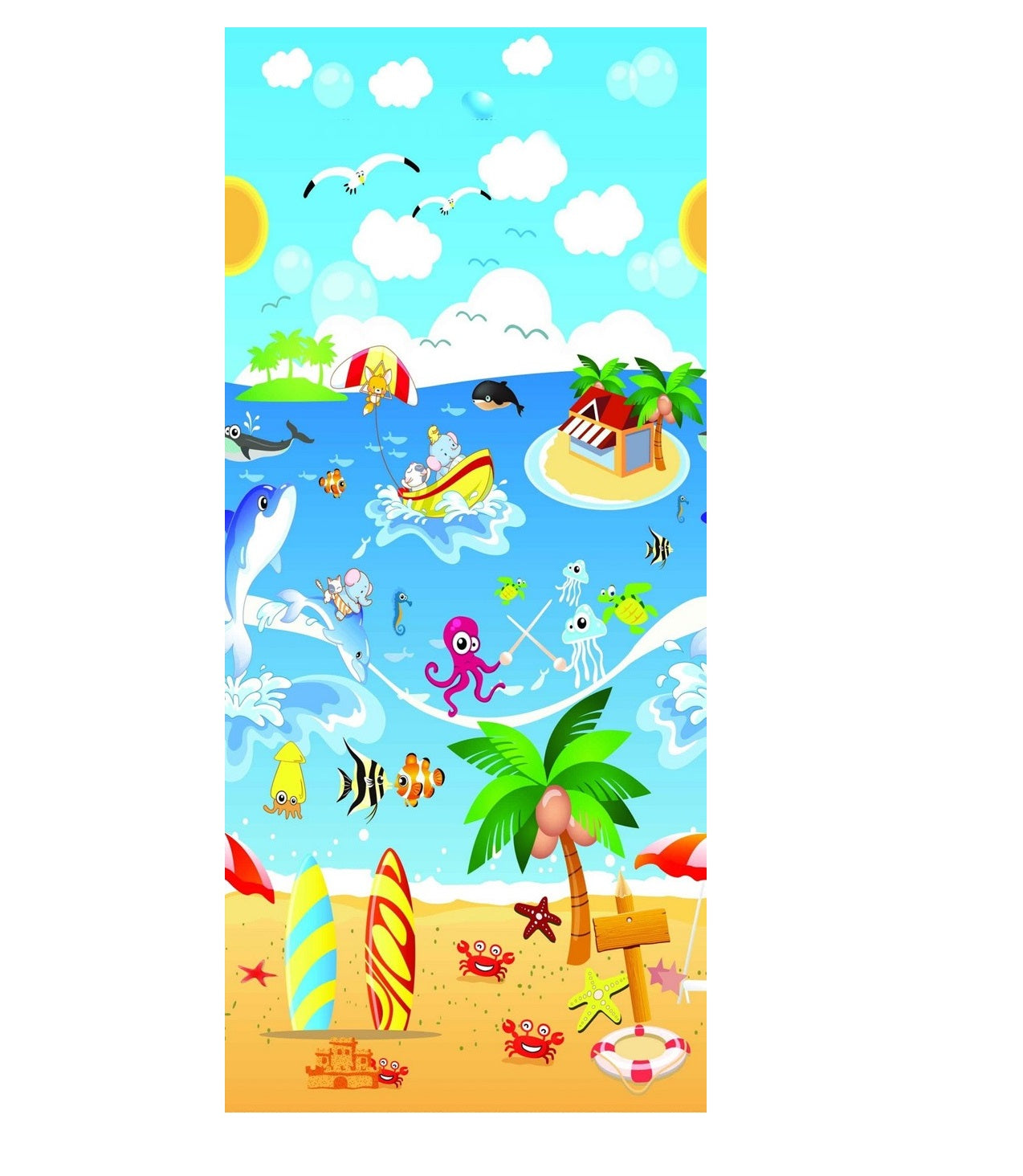 Covor interactiv pentru copii IDL My Summer Beach 2019, DIMENSIUNI: 200 x 180 x 0.5 cm, Stimuleaza simturile, invata si incurajeaza jocul creativ, Culori vii cu printuri de poveste, Asigura o izolare termica excelenta, Albastru