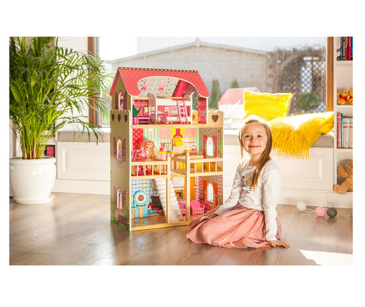Casuta de Papusi din lemn idealSTORE MALDIVE WOOD RESIDENCE, Dimensiuni 90 x 60 x 30 x cm, 5 camere disperate pe 3 nivele, Un set de 17 piese de mobilier in design unic si 2 papusi fac distractia mai atractiva