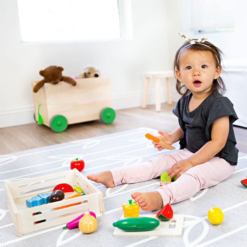 Jucarie educativa, Ladita din lemn cu legume si fructe pentru feliat, 14 piese