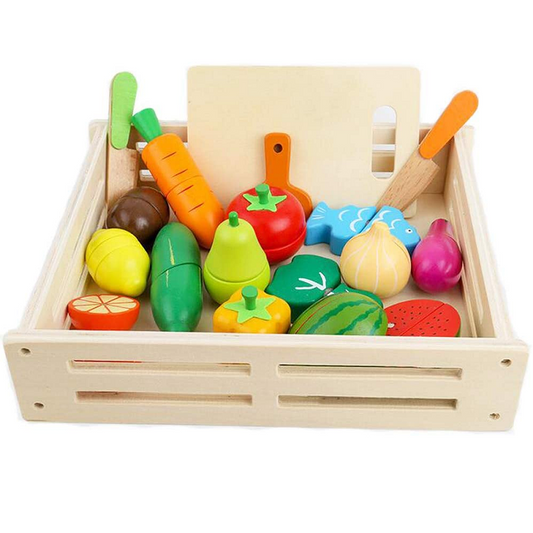 Jucarie educativa, Ladita din lemn cu legume si fructe pentru feliat, 14 piese
