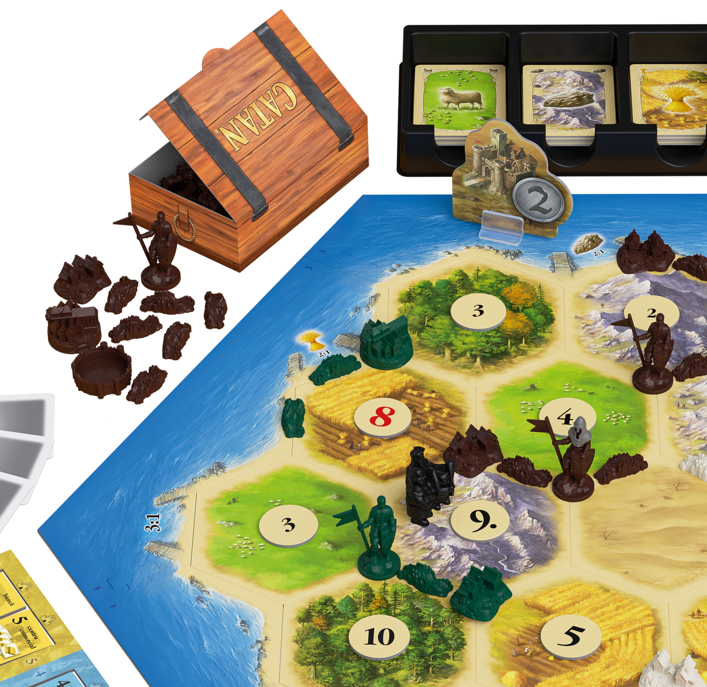 Joc de Societate CATAN - Orase & Cavaleri Extensie 5-6, idealSTORE Include 2 Cadre pentru Dezvoltarea Oraselor, 30 Jetoane cu domenii de Dezvoltare, 18 Carti Marfuri, 2 Carti puncte de victorie, 2 Carti costuri de constructie, Figurine, Regulament