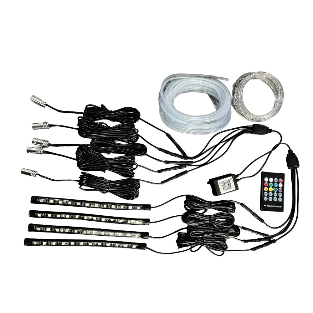 Kit Lumini Ambientale idealStore Neon LED RGB + Banda LED RGB, Tensiune 12V, 6 Adaptoare, Fir neon 6 metri, 7 Culori la Alegere, Control din Telecomanda