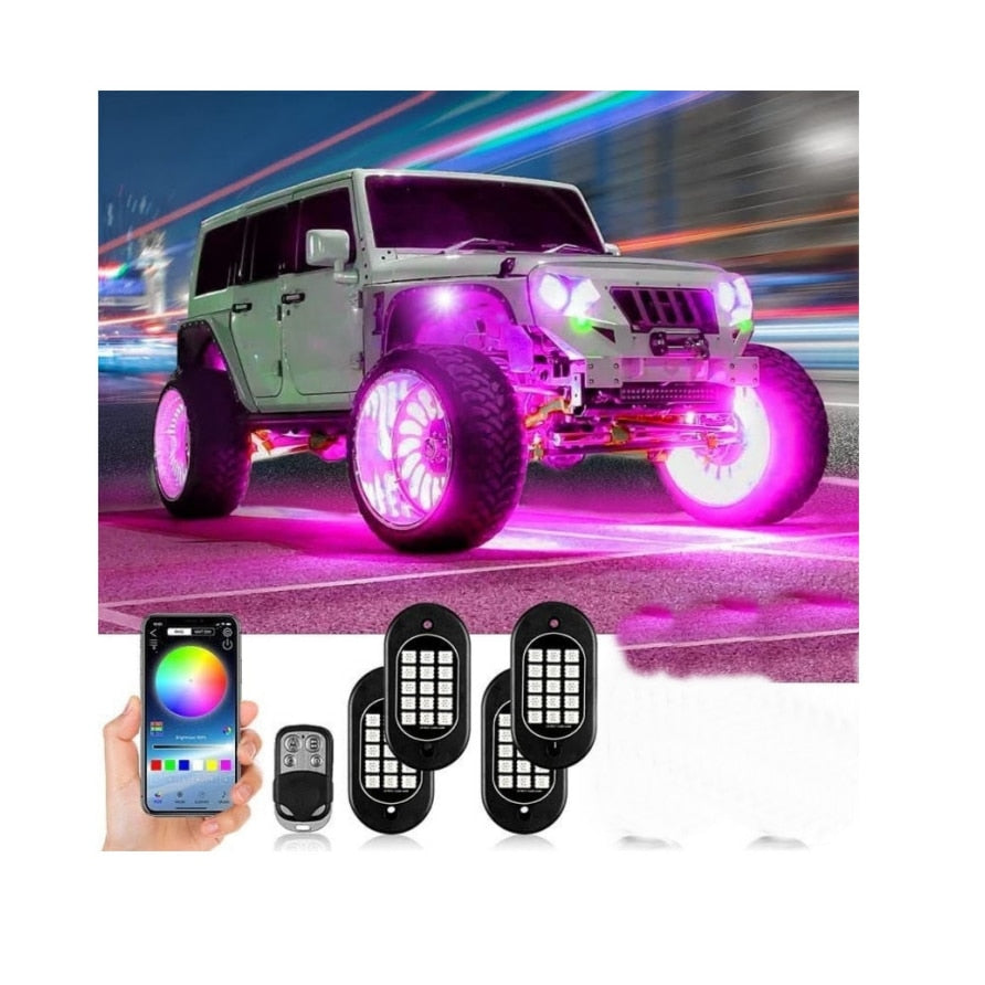 Kit Lumini idealSTORE sub Masina RGB ROCK LIGHT 4 module, Bluetooth Control, Schimba Culoare cu Ajutorul Aplicatiei de pe Telefonul Mobil