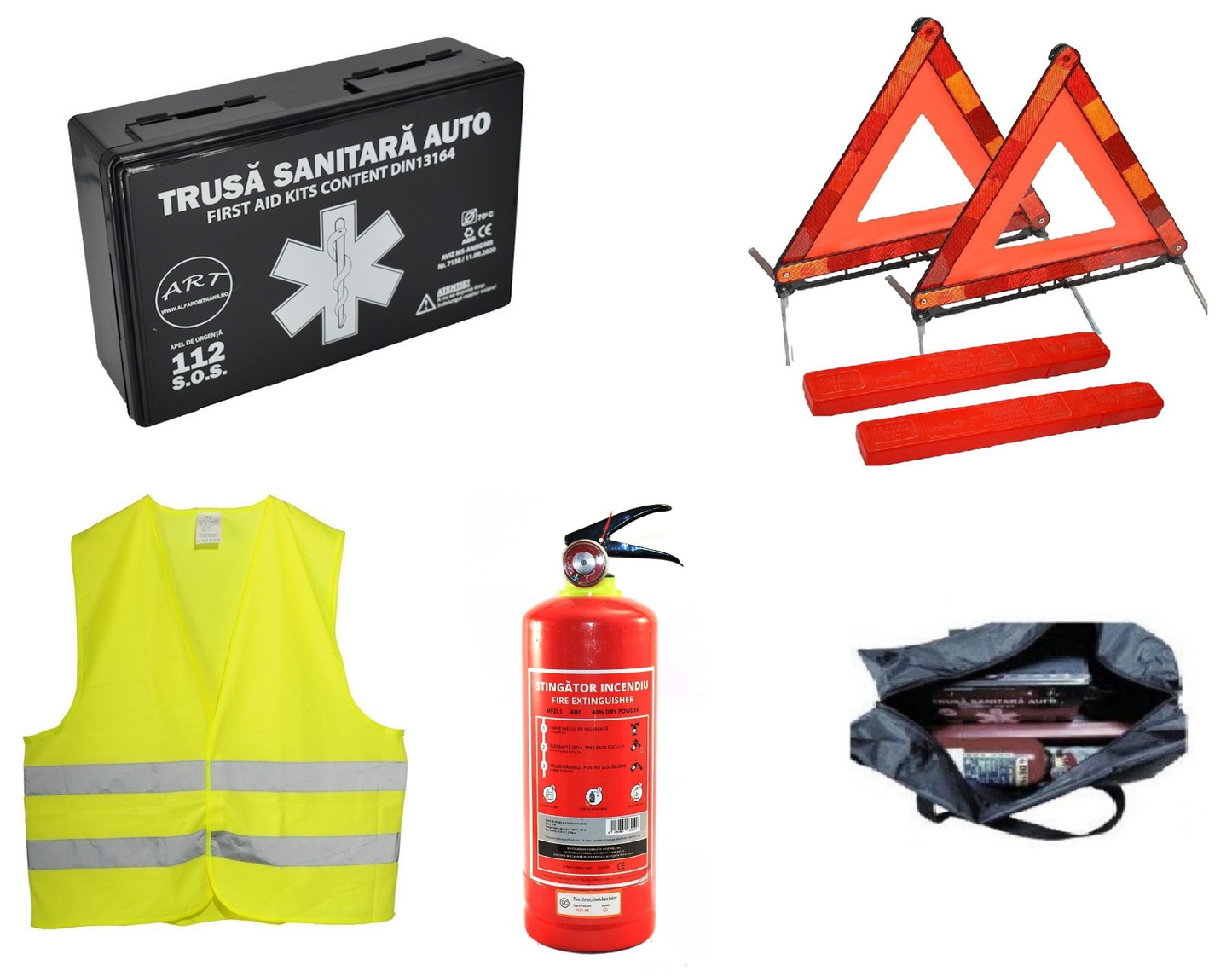 Kit siguranta auto idealSTORE, Omologat R.A.R, Valabilitate 5 ani, 1x Trusa Prim Ajutor, 2 x Triunghiuri, 1x Stingator Reincarcabil, 1x Vesta reflectorizanta, Geanta pentru depozitare