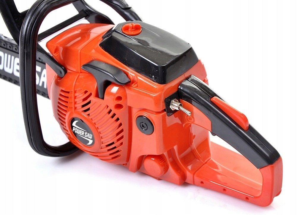 Set de Unelte de Jucarie, Power Tools, cu Drujba si Echipament de Protectie, Lant care se Roteste, Sunete Realiste, Portocaliu