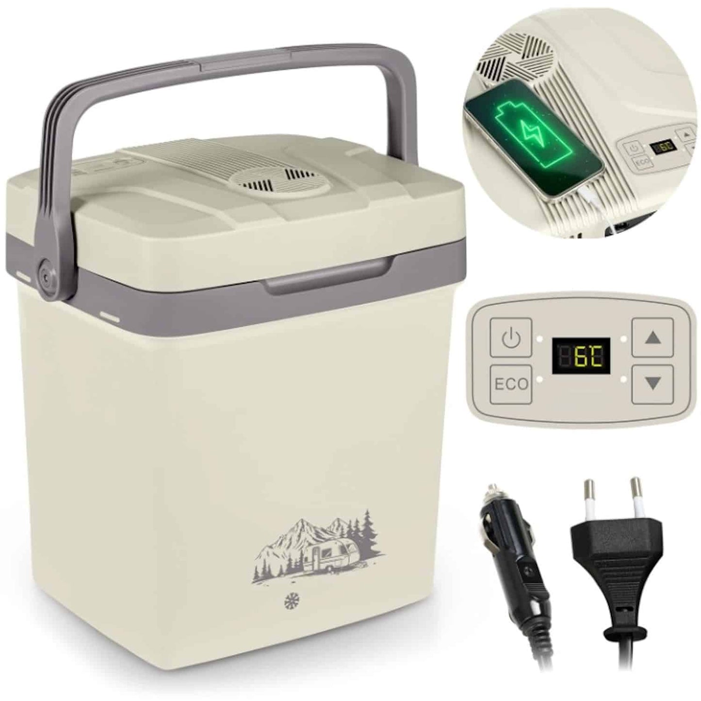 Lada Frigorifica Auto idealSTORE, alimentare 12V/230V, Functie de Racire si Incalzire, Volum 26 l, Alimentare la Priza Auto si Priza Casnica, Putere 60W, Mod ECO, Port USB cu functie de Incarcare Telefon, Maner Pliabil, Afisaj Electric