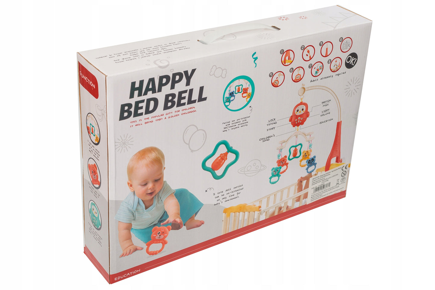 Carusel pentru patut cu lumina de veghe MagStar, First VIEW, 4 brate viu colorate cu diferite animalute zornaitoare, rotire 360grade, telecomanda