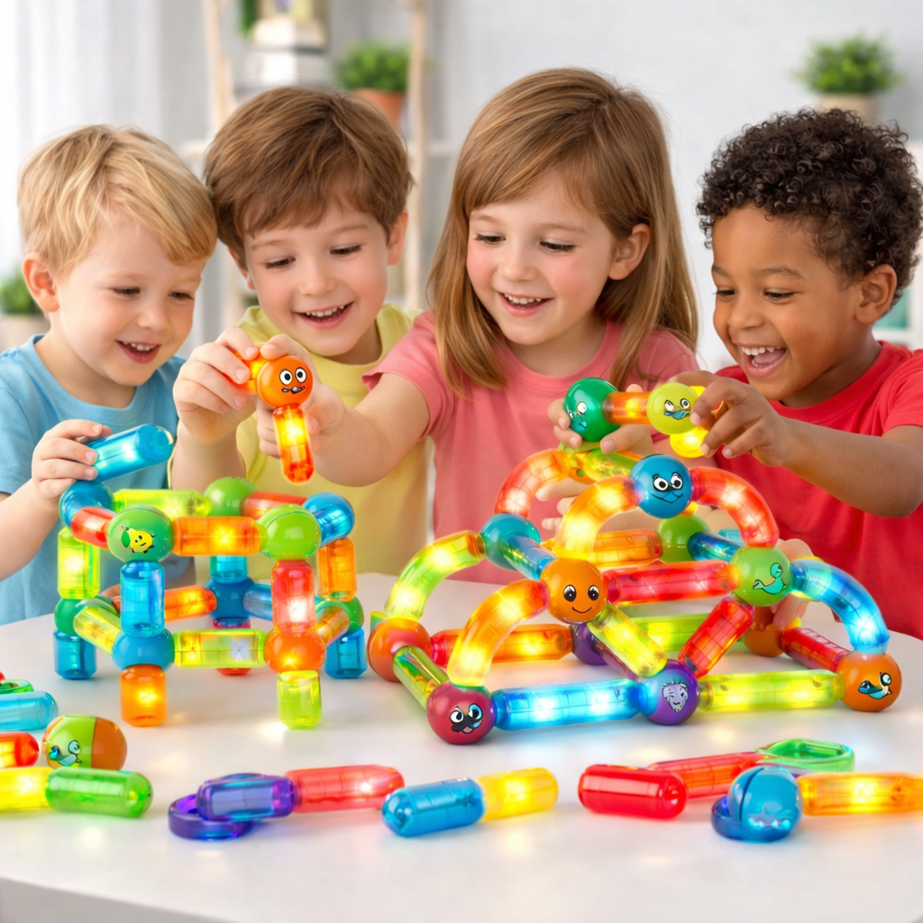 Blocuri Magnetice idealStore StiksMag, 76 Elemente, cu Lumini, Se pot crea Multiple Figuri si Cladiri, Piese de dimensiuni Mari, Dezvolta Abilitatile Manuale, Abilitati Motorii Fine, Imaginatia Spatiala