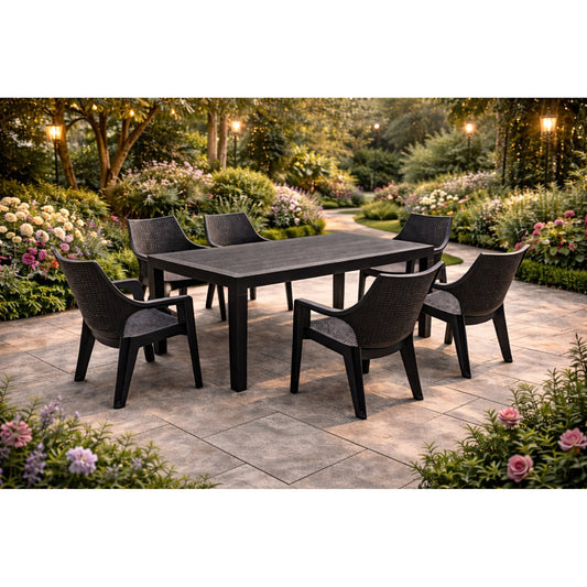 Set gradina masa si 6 scaune din plastic rezistent UV si intemperii, dimensiuni 140x80x75 cm