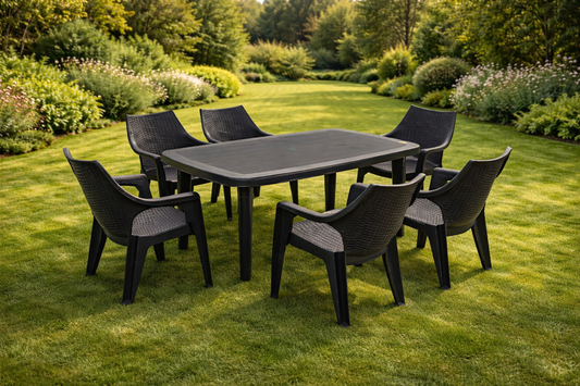 Set gradina cu masa si 6 scaune din plastic rezistent UV si intemperii, dimensiuni 135x85x72 cm, confort pentru familie