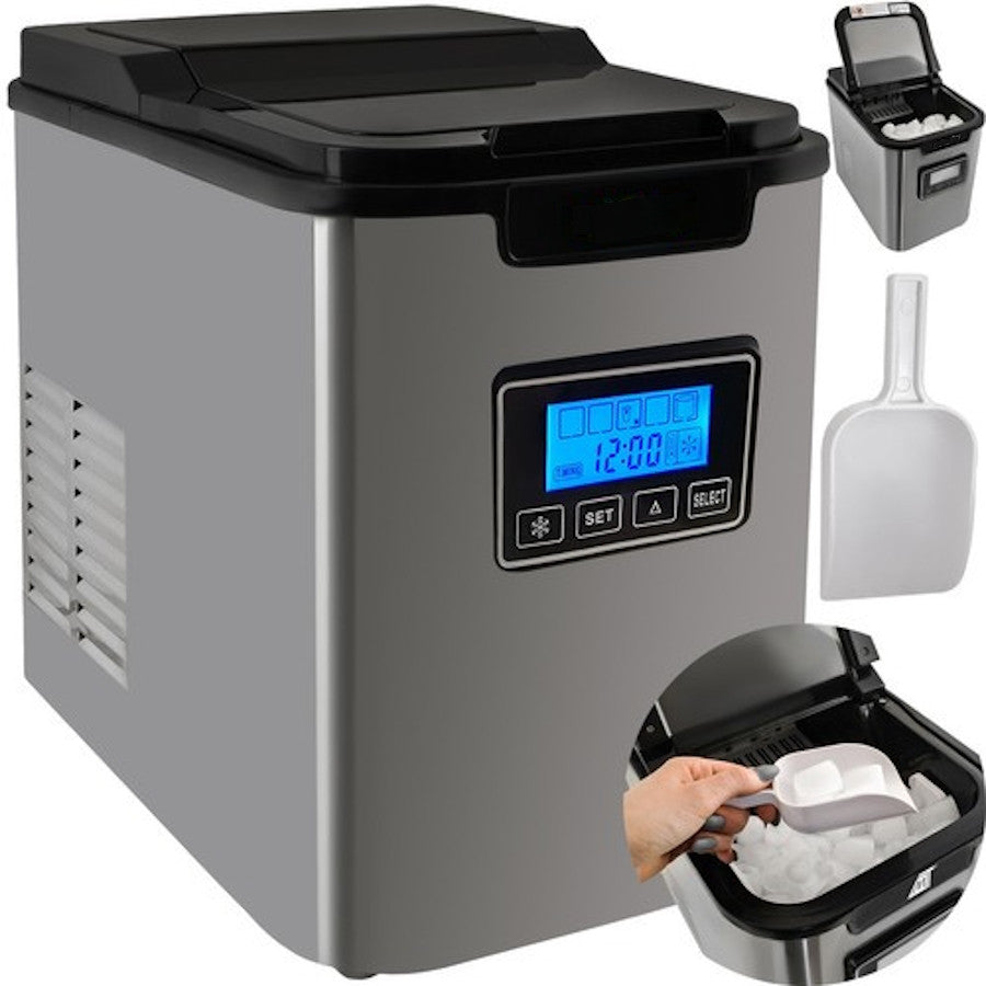 Masina de Cuburi de Gheata idealSTORE, 3 Dimensiuni de Cuburi, Autocuratare, Afisaj LCD, Informatii Sonore, Ceas si Temporizator, Alarma, Productie 12 kg de Gheata pe Zi, Ciclu Executare Gheata 9 Minute, cu Rezervor de Apa