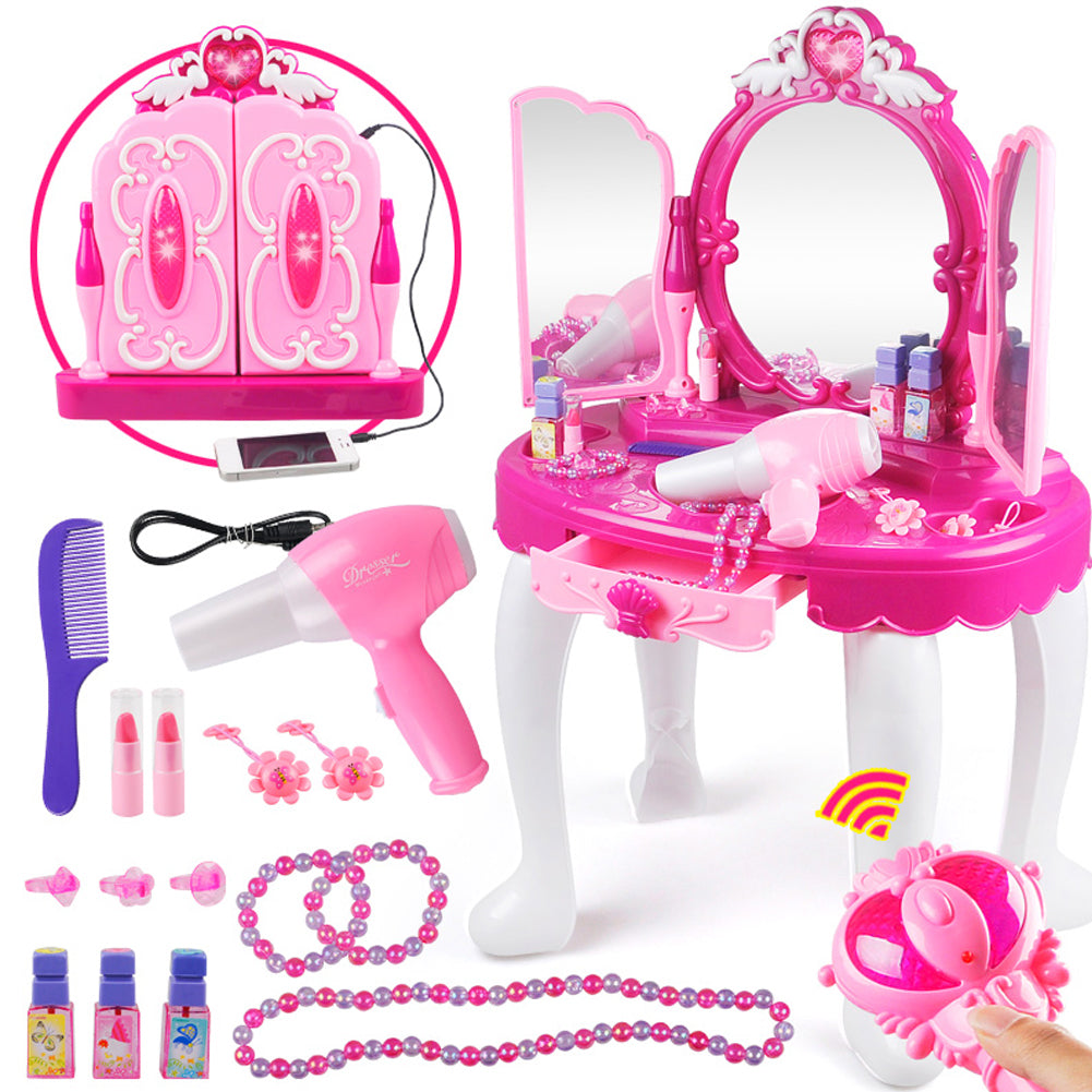 Set Masuta de frumustete cu 17 accesorii, telecomanda, scaun, oglinda, lumini, sunete, mufa MP3, Unitoys