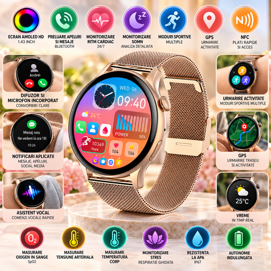 Ceas Smartwatch New Style Collection IdealStore, Ecran AMOLED HD 1.43 inch, Preluare Apeluri si Mesaje Bluetooth, NFC, Monitorizare Ritm Cardiac si Somn, Asistent Vocal, Difuzor si Microfon incorporat, IP67, Android-IOS, Long Battery, Gold Metal Edition