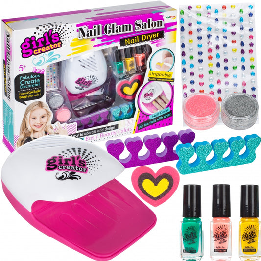 Set de manichiura/pedichiura Palmonix, pentru copii, cu lacuri, uscator unghii si accesorii, 11 elemente, multicolor