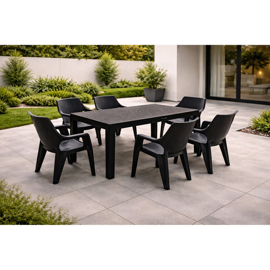 Set gradina masa si 6 scaune din plastic rezistent UV si intemperii, dimensiuni 140x80x75 cm