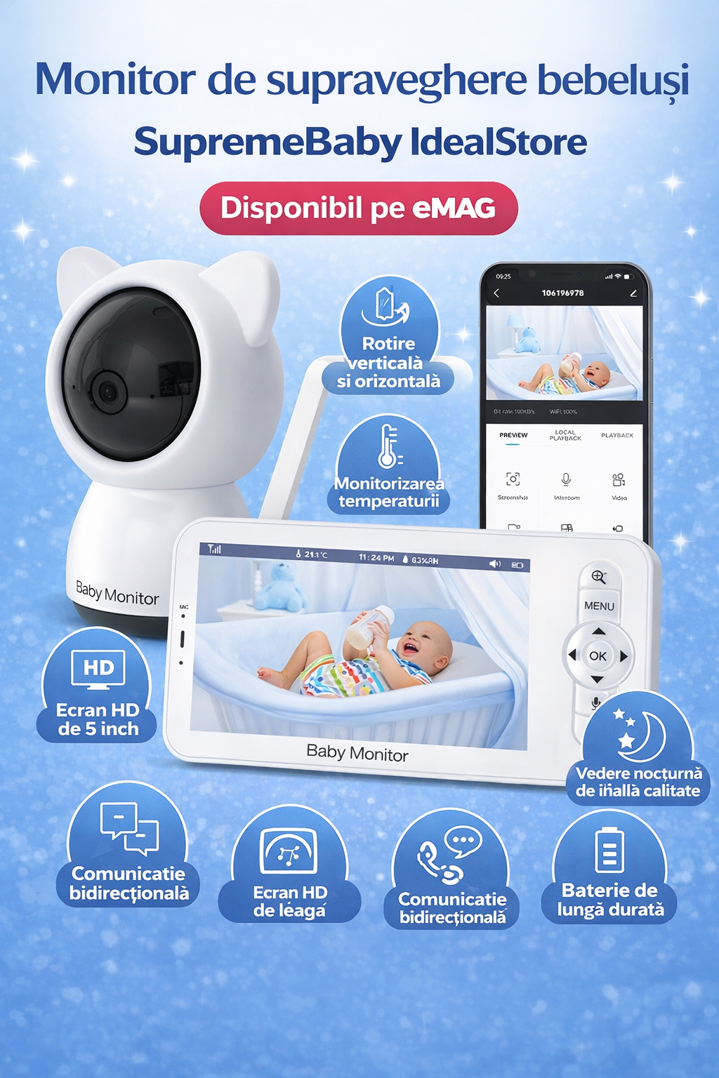 Baby Monitor IdealStore, Ecran HD de 5 inch, Monitorizare temperatura, Raza mare de actiune 300m