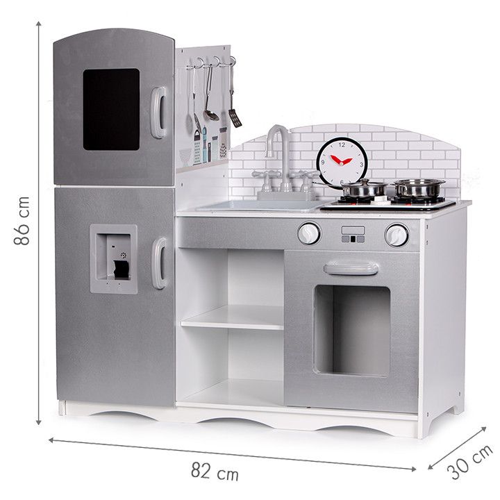 Bucatarie pentru Copii XXL din Lemn, cu Frigider, Cuptor, Plita si 5 Accesorii, 82 x 30 x 86 cm, gri