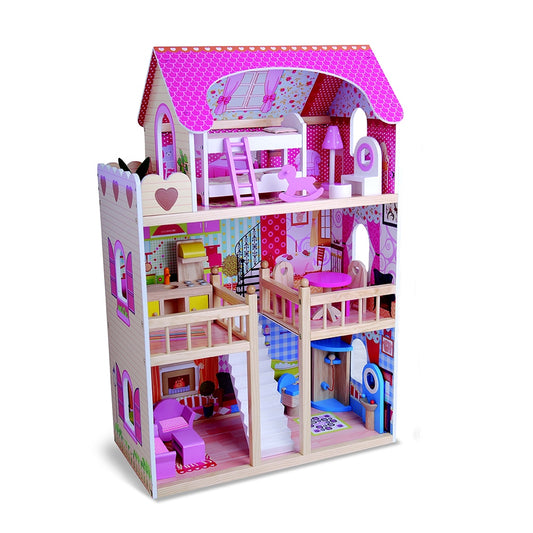 Casuta pentru papusi din lemn masiv NOVOKIDS Emily PlayHouse, Cu piese mobilier detasabile, Jucarie educativa, Inaltime 90 cm, Materiale Eco, Multicolor