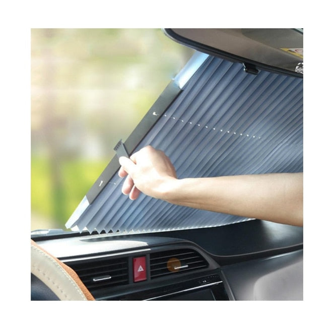 Parasolar auto idealSTORE Retractabil, Latime 80cm, Lungime 150, Ruloul se pliaza si se desfasoara ca un acordeon, ceea ce faciliteaza fixarea lui pe sticla