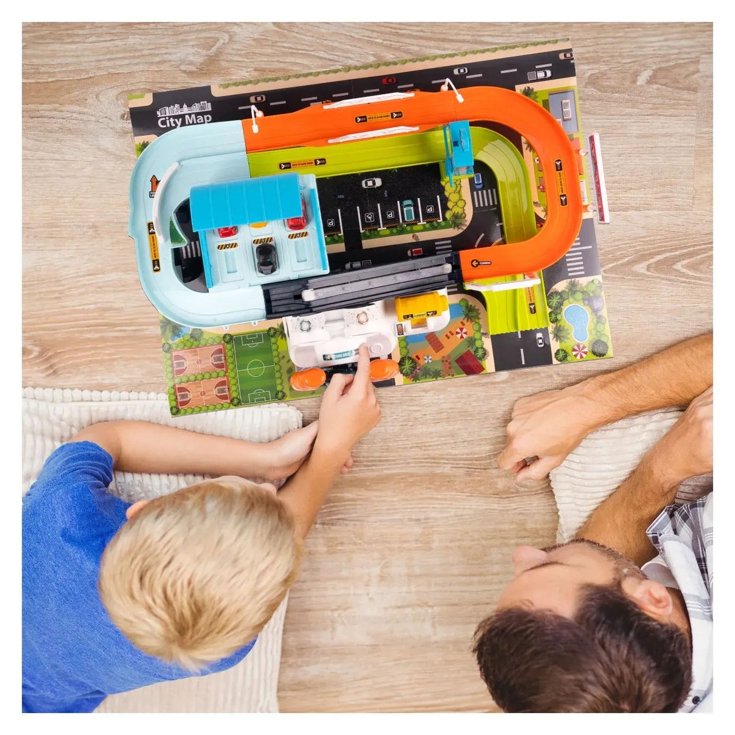 Parcare Auto Interactiva idealSTORE pentru Copii cu Volan, Lift,4 Masinute, Garaj si Pista de Curse