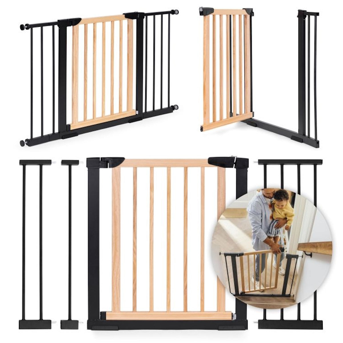 Poarta de Siguranta idealStore Barrier Children pentru Scari, dimensiuni ajustabile 76 - 124 cm, Fabricata din Otel si Lemn, culoare Negru Maro