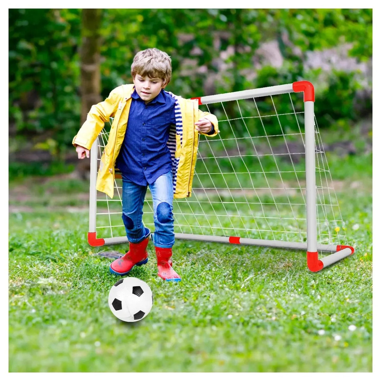 Poarta de fotbal idealSTORE portabila cu plasa, pentru copii, minge si pompa, covoras de antrenament