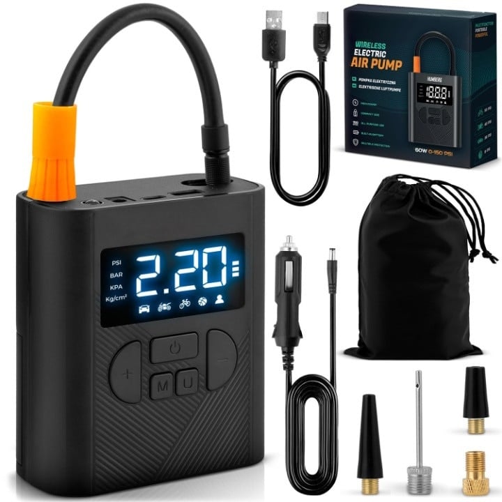 Pompa de Aer Electrica Portabila Wireless idealSTORE, Afisaj LED, Baterie 6000 mAh, Lanterna incorporata si mod SOS, Oprire Automata la atingerea presiunii setate, Functie Power Bank, Umflare Rapida, Protectie la supraincalzire