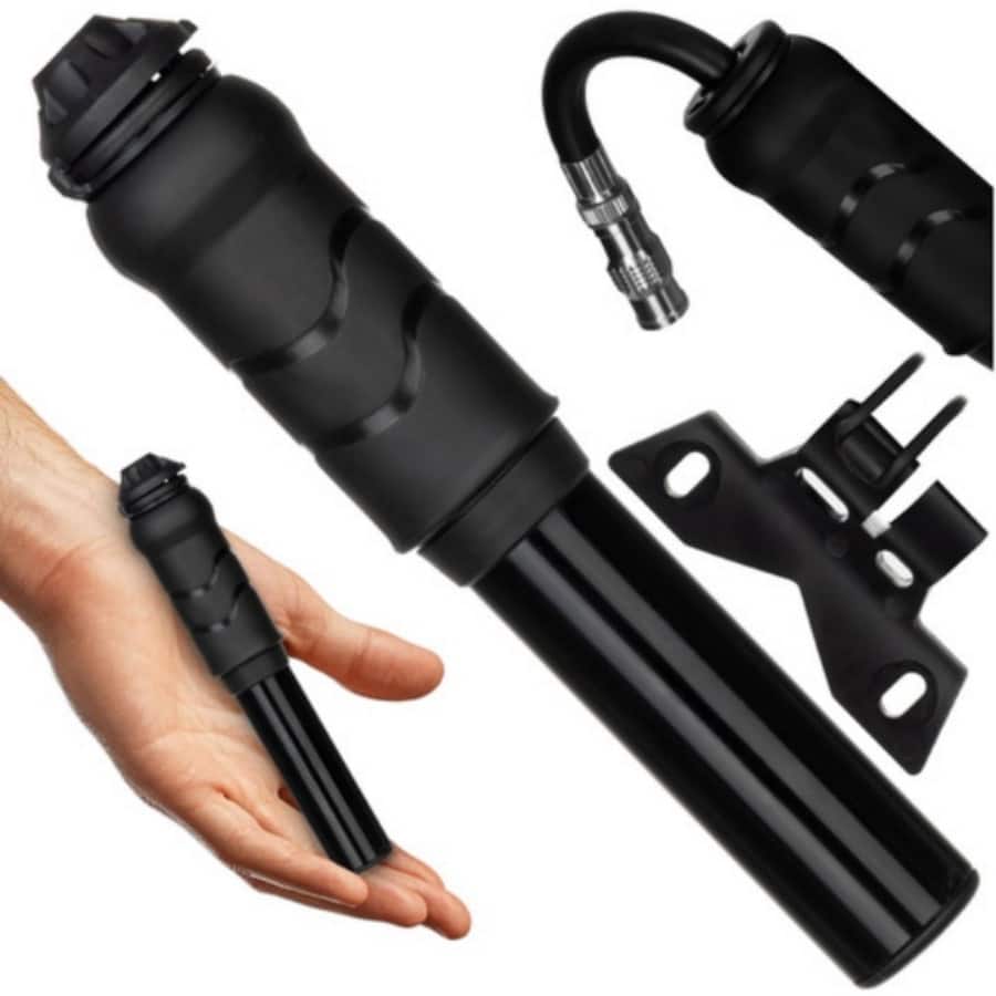 Pompa Manuala pentru Biciclete si Scutere idealSTORE, Compacta si Durabila, Impermeabila, Supapa Universala, Suport Pentru Cadru Inclus, Cheie Hexagonala, Suruburi de Fixare Incluse, Dimensiune 16CM, Neagra
