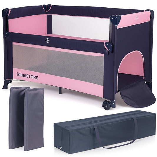 Patut Turistic Pliabil idealSTORE, Solid, Doua Etaje, Roti, Saltea Moale Pliabila, Geanta Transport