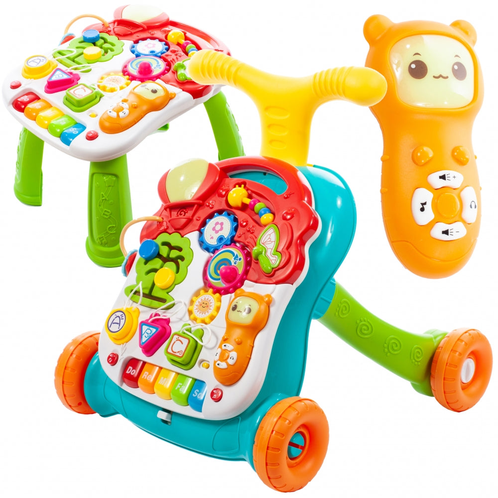 Premergator Interactiv 5 in 1 SWING GO BABY, Accesorizatt cu Panou Educativ, Diversitate de activitati in limba engleza, Poate fi transformat rapid intr-o masa educationala, Ajuta la dezvoltarea lingvistica, senzoriala si motorie a bebelusului, Multicolor