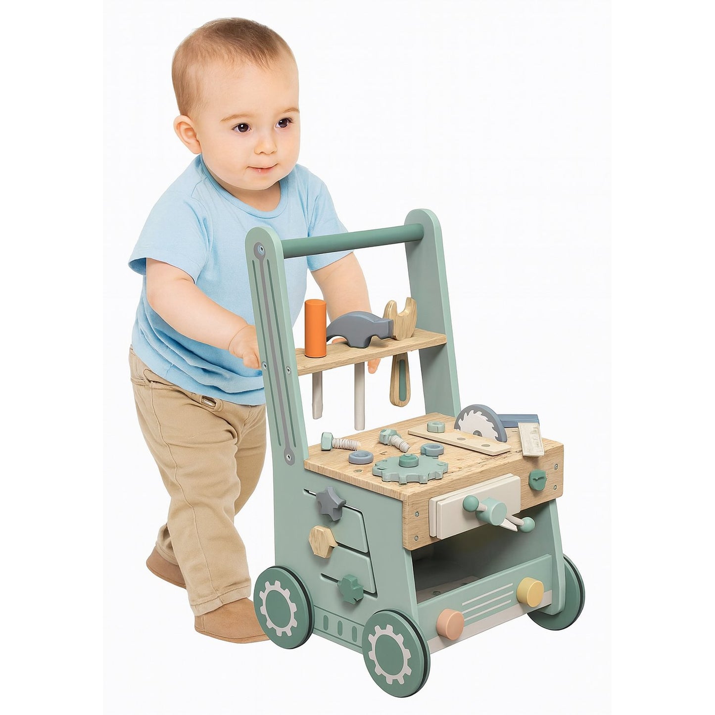 Premergator copii idealSTORE Push Walker 2 in 1 cu banc de lucru din lemn